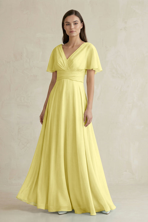 V - Neck Ruffled Sleeve A - Line Chiffon Bridesmaid Dress in Buttercup - SHE IS ME Bridesmaid Dresses