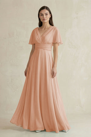 V - Neck Ruffled Sleeve A - Line Chiffon Bridesmaid Dress in Champagne Rose - SHE IS ME Bridesmaid Dresses