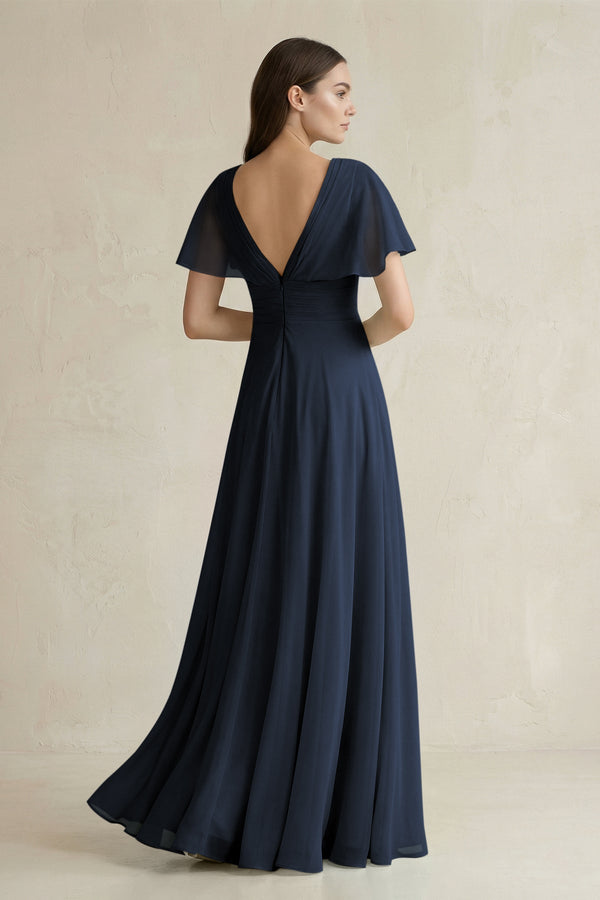 V - Neck Ruffled Sleeve A - Line Chiffon Bridesmaid Dress in Dark Navy - SHE IS ME Bridesmaid Dresses