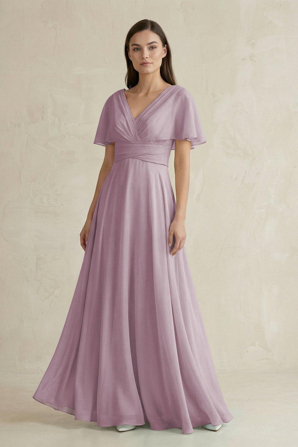 V - Neck Ruffled Sleeve A - Line Chiffon Bridesmaid Dress in Dusk - SHE IS ME Bridesmaid Dresses