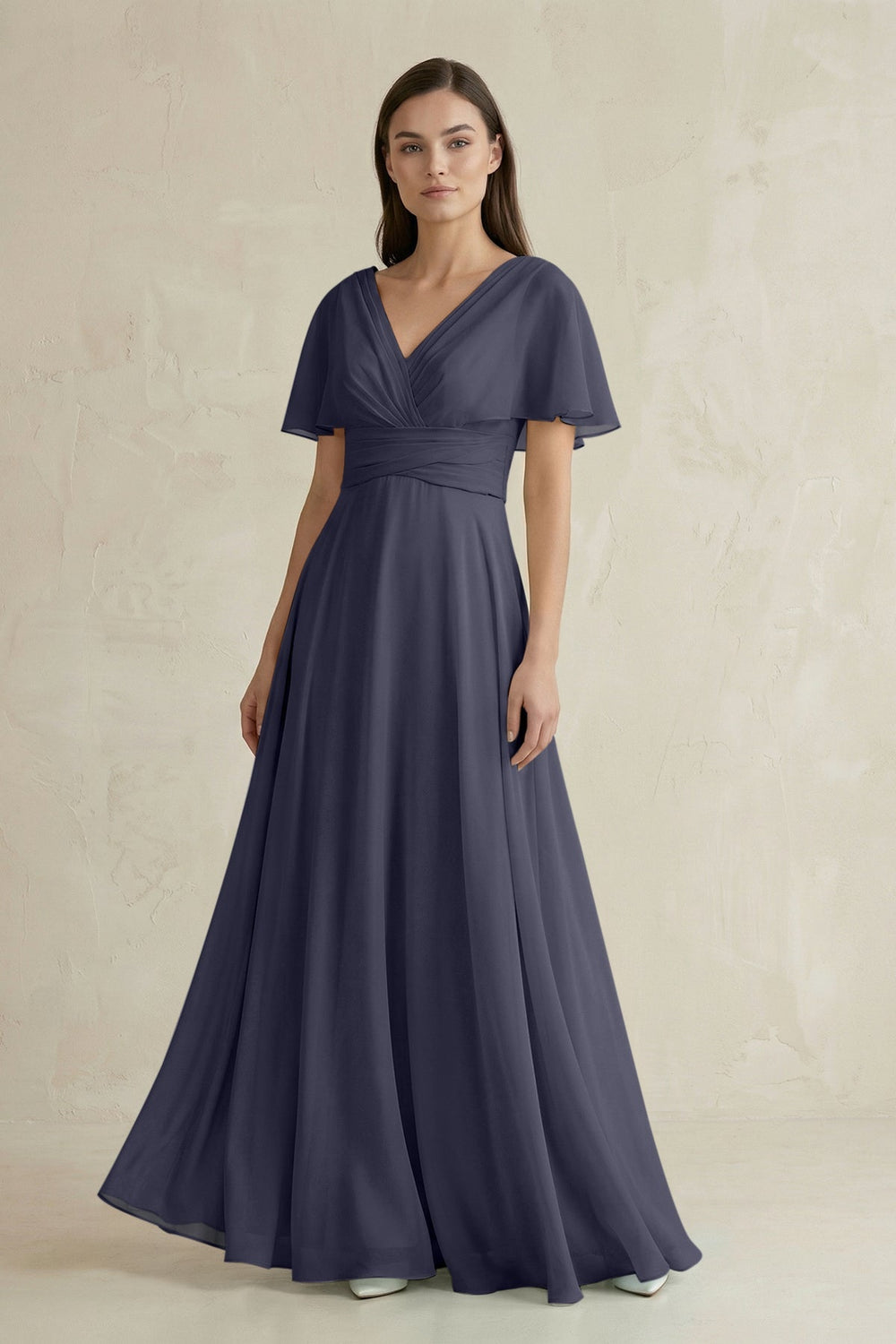 V - Neck Ruffled Sleeve A - Line Chiffon Bridesmaid Dress in Dusk Blue - SHE IS ME Bridesmaid Dresses