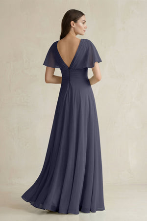 V - Neck Ruffled Sleeve A - Line Chiffon Bridesmaid Dress in Dusk Blue - SHE IS ME Bridesmaid Dresses