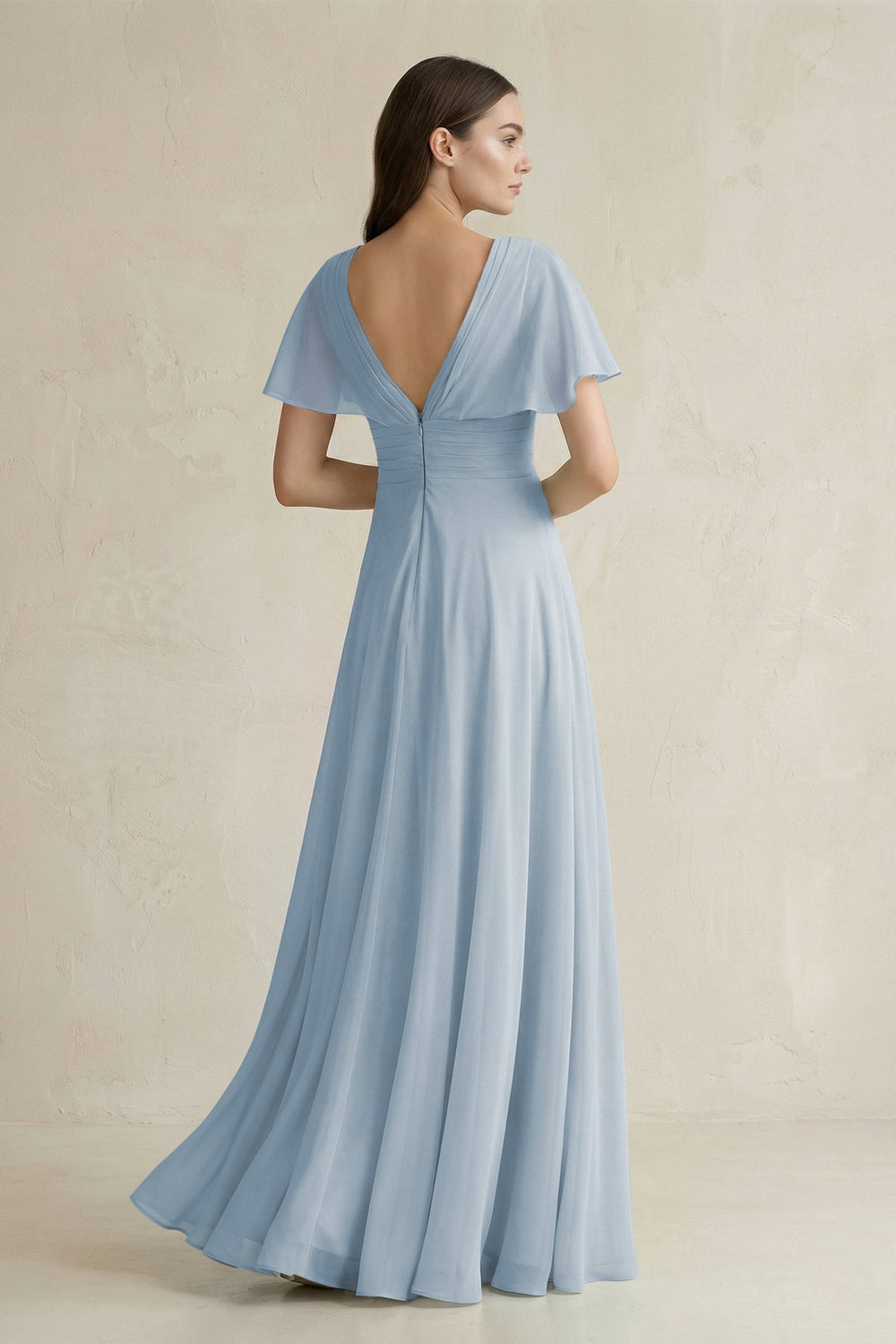 V - Neck Ruffled Sleeve A - Line Chiffon Bridesmaid Dress in Dusty Blue - SHE IS ME Bridesmaid Dresses