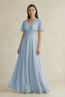 V - Neck Ruffled Sleeve A - Line Chiffon Bridesmaid Dress in Dusty Blue - SHE IS ME Bridesmaid Dresses