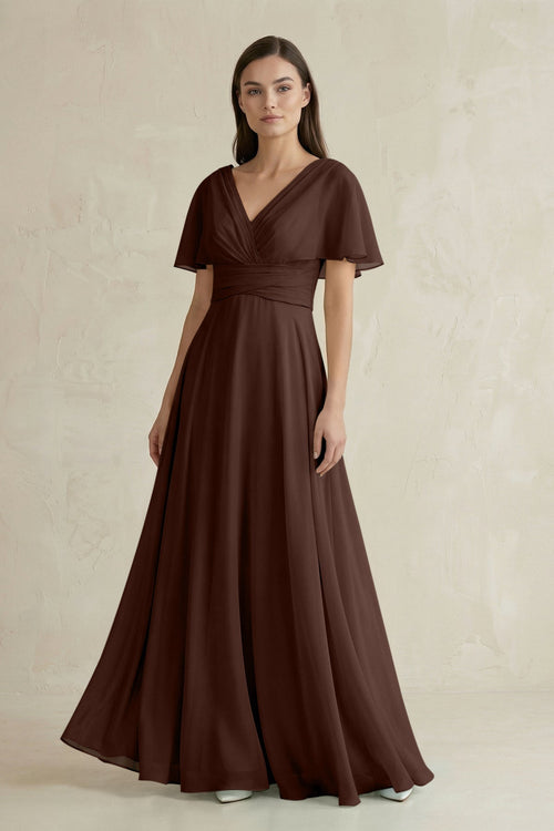 V - Neck Ruffled Sleeve A - Line Chiffon Bridesmaid Dress in Espresso - SHE IS ME Bridesmaid Dresses