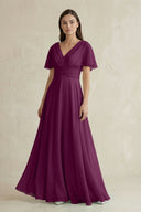 V - Neck Ruffled Sleeve A - Line Chiffon Bridesmaid Dress in Fig - SHE IS ME Bridesmaid Dresses