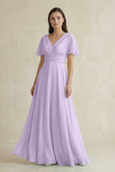V - Neck Ruffled Sleeve A - Line Chiffon Bridesmaid Dress in Lavender - SHE IS ME Bridesmaid Dresses