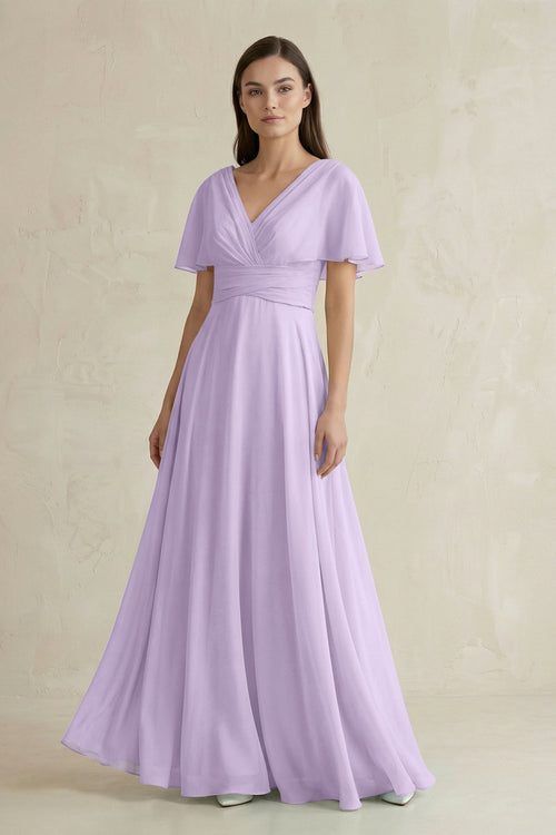 V - Neck Ruffled Sleeve A - Line Chiffon Bridesmaid Dress in Lavender - SHE IS ME Bridesmaid Dresses