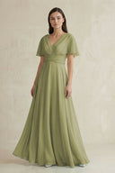 V - Neck Ruffled Sleeve A - Line Chiffon Bridesmaid Dress in Moss Green - SHE IS ME Bridesmaid Dresses