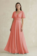 V - Neck Ruffled Sleeve A - Line Chiffon Bridesmaid Dress in Mulberry - SHE IS ME Bridesmaid Dresses