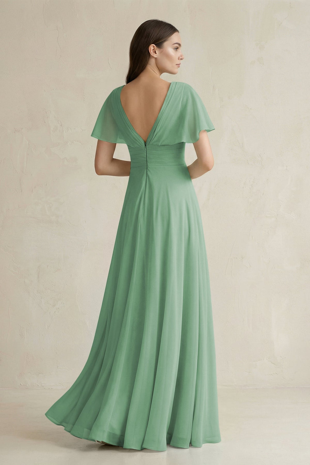 V - Neck Ruffled Sleeve A - Line Chiffon Bridesmaid Dress in Sea Glass - SHE IS ME Bridesmaid Dresses