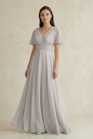 V - Neck Ruffled Sleeve A - Line Chiffon Bridesmaid Dress in Silver - SHE IS ME Bridesmaid Dresses