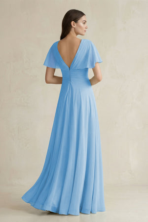 V - Neck Ruffled Sleeve A - Line Chiffon Bridesmaid Dress in Steel Blue - SHE IS ME Bridesmaid Dresses