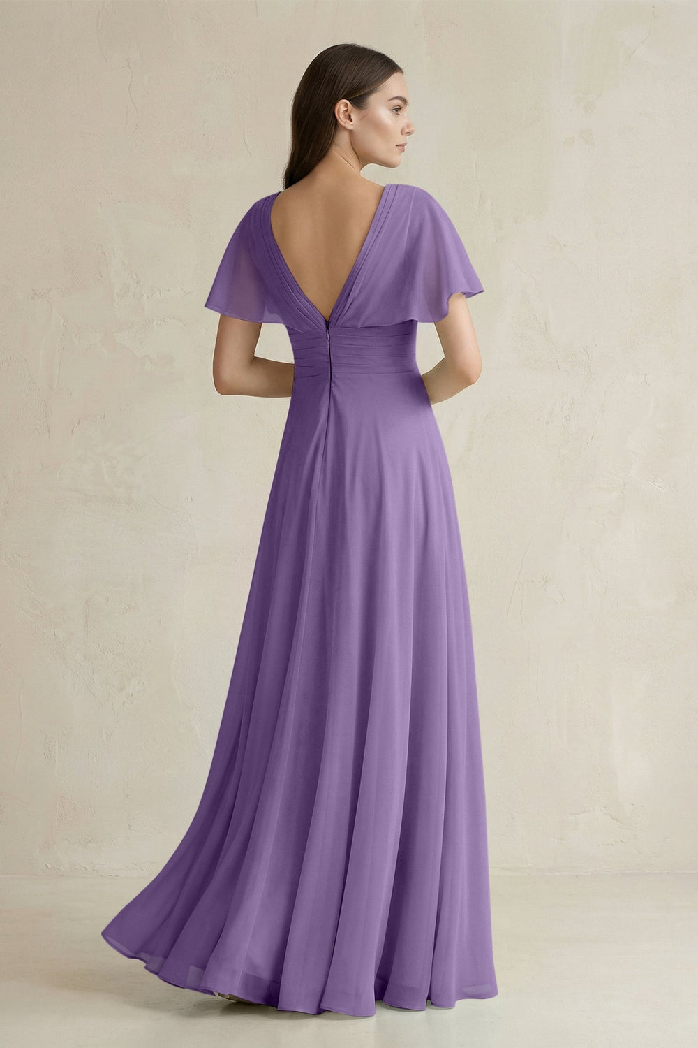 V - Neck Ruffled Sleeve A - Line Chiffon Bridesmaid Dress in Tahiti - SHE IS ME Bridesmaid Dresses