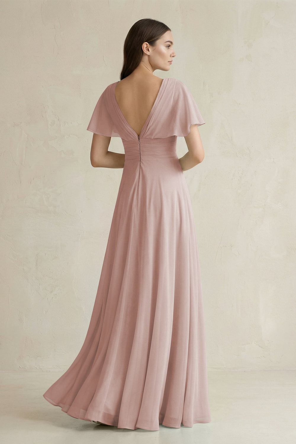 V - Neck Ruffled Sleeve A - Line Chiffon Bridesmaid Dress in Toffee - SHE IS ME Bridesmaid Dresses