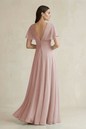 V - Neck Ruffled Sleeve A - Line Chiffon Bridesmaid Dress in Toffee - SHE IS ME Bridesmaid Dresses