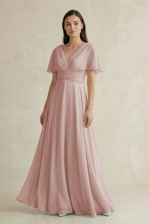 V - Neck Ruffled Sleeve A - Line Chiffon Bridesmaid Dress in Toffee - SHE IS ME Bridesmaid Dresses