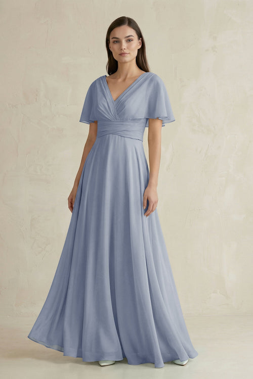 V - Neck Ruffled Sleeve A - Line Chiffon Bridesmaid Dress in Twilight - SHE IS ME Bridesmaid Dresses