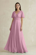 V - Neck Ruffled Sleeve A - Line Chiffon Bridesmaid Dress in Vintage Mauve - SHE IS ME Bridesmaid Dresses