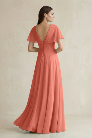 V - Neck Ruffled Sleeve A - Line Chiffon Bridesmaid Dress in Wild Rose - SHE IS ME Bridesmaid Dresses