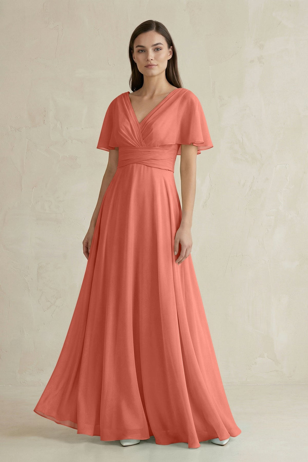 V - Neck Ruffled Sleeve A - Line Chiffon Bridesmaid Dress in Wild Rose - SHE IS ME Bridesmaid Dresses