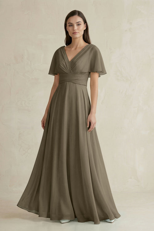 V - Neck Ruffled Sleeve A - Line Chiffon Bridesmaid Dress in Willow Green - SHE IS ME Bridesmaid Dresses