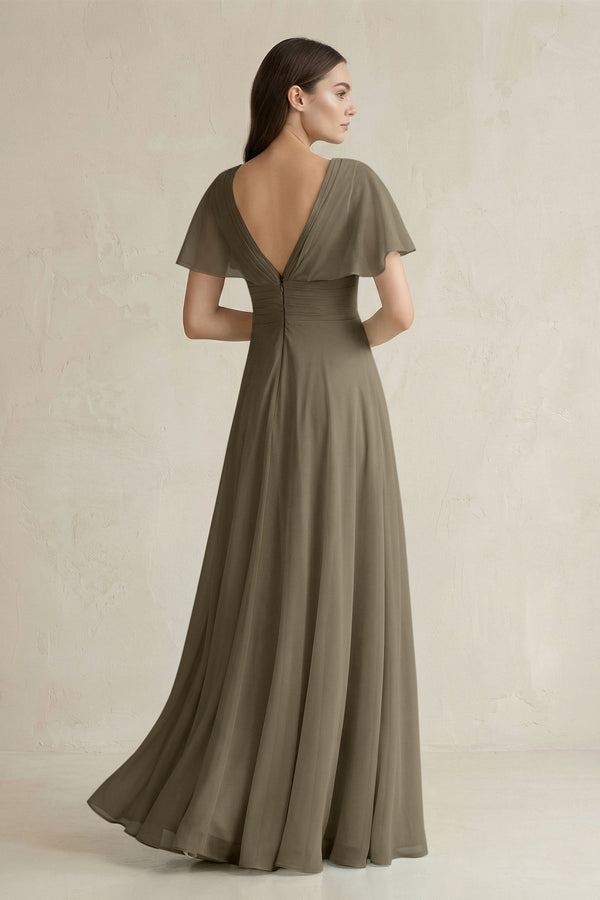 V - Neck Ruffled Sleeve A - Line Chiffon Bridesmaid Dress in Willow Green - SHE IS ME Bridesmaid Dresses