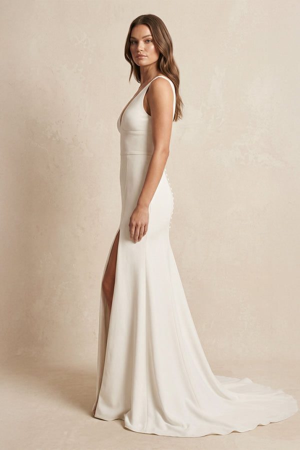 V - Neck Satin Mermaid Wedding Dress With Slit in Ivory - SHE IS ME Wedding Dresses
