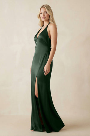 V - Neck Sheath Satin Bridesmaid Dress with Bow in Moss - SHE IS ME Bridesmaid Dresses