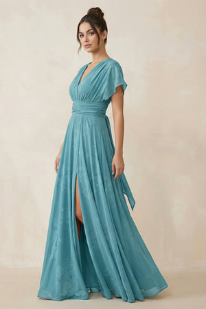 V - Neck Short Sleeve A - Line Floral Chiffon Bridesmaid Dress in Adriatic Blue - SHE IS ME Bridesmaid Dresses