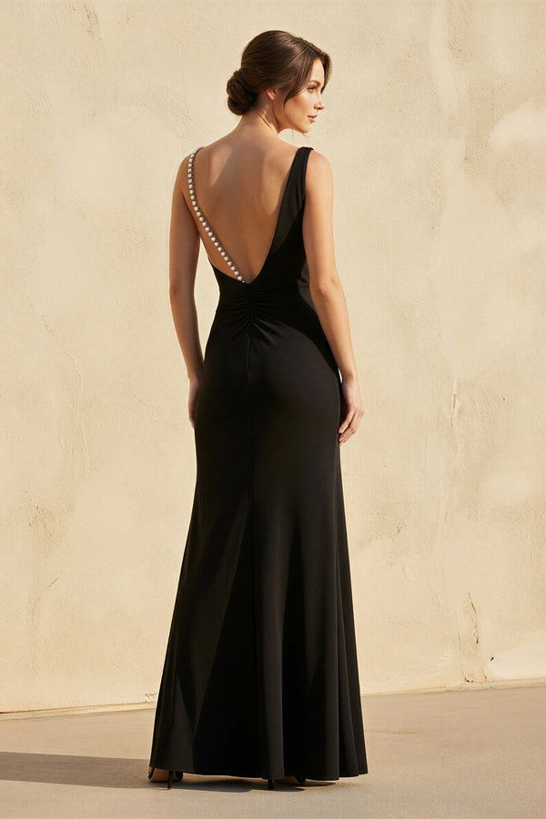 V Neck Slit Maxi Dress With Pearl in Black - SHE IS ME
