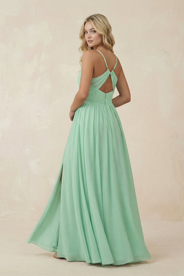 V-Neck Spaghetti Strap A-Line Chiffon Bridesmaid Dress in Pale Pistachio - SHE IS ME BRIDESMAID DRESSES