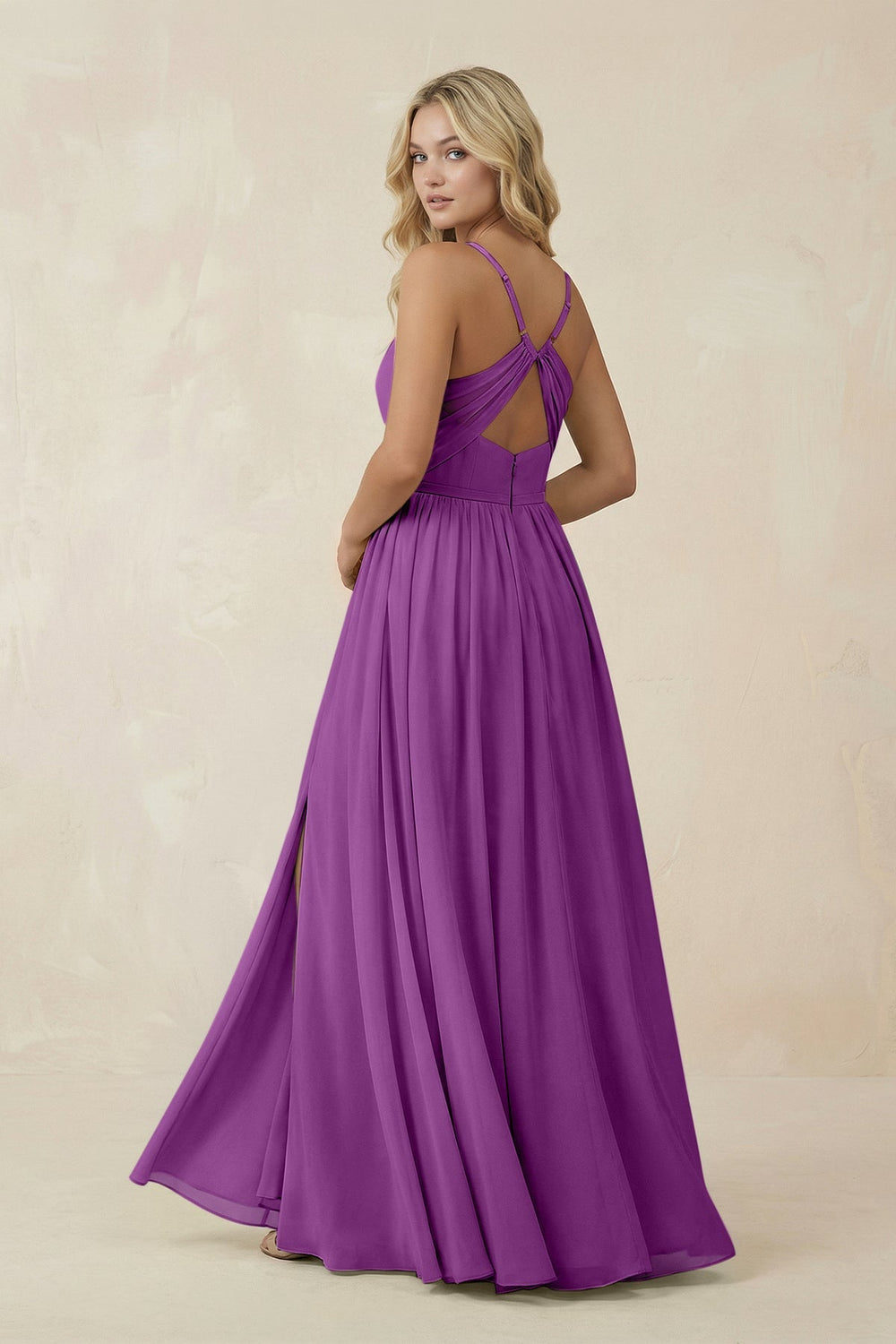 V - Neck Spaghetti Strap A - Line Chiffon Bridesmaid Dress in Amethyst - SHE IS ME Bridesmaid Dresses