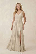 V - Neck Spaghetti Strap A - Line Chiffon Bridesmaid Dress in Champagne - SHE IS ME Bridesmaid Dresses