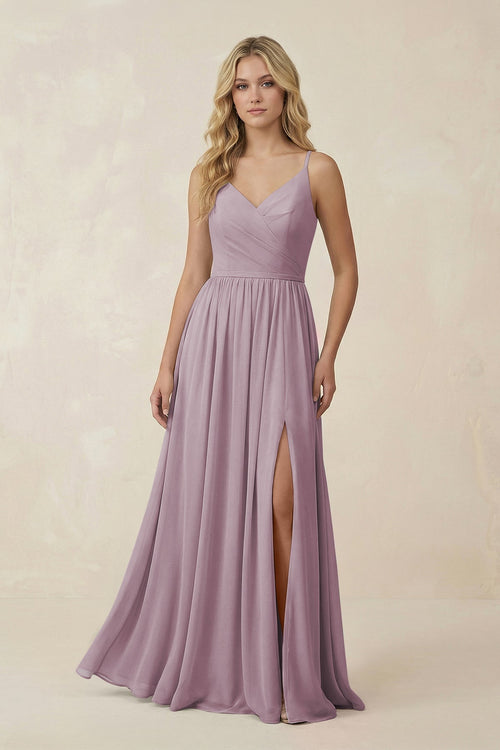 V - Neck Spaghetti Strap A - Line Chiffon Bridesmaid Dress in Dusk - SHE IS ME Bridesmaid Dresses