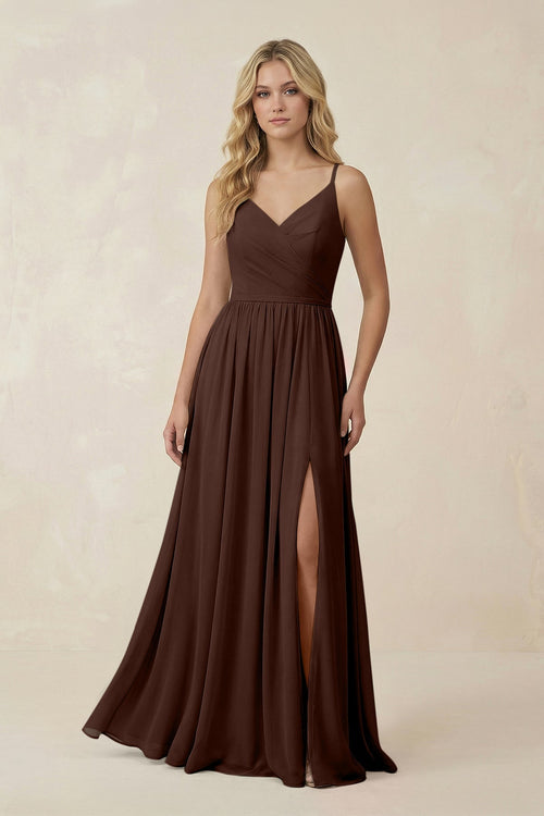 V - Neck Spaghetti Strap A - Line Chiffon Bridesmaid Dress in Espresso - SHE IS ME Bridesmaid Dresses