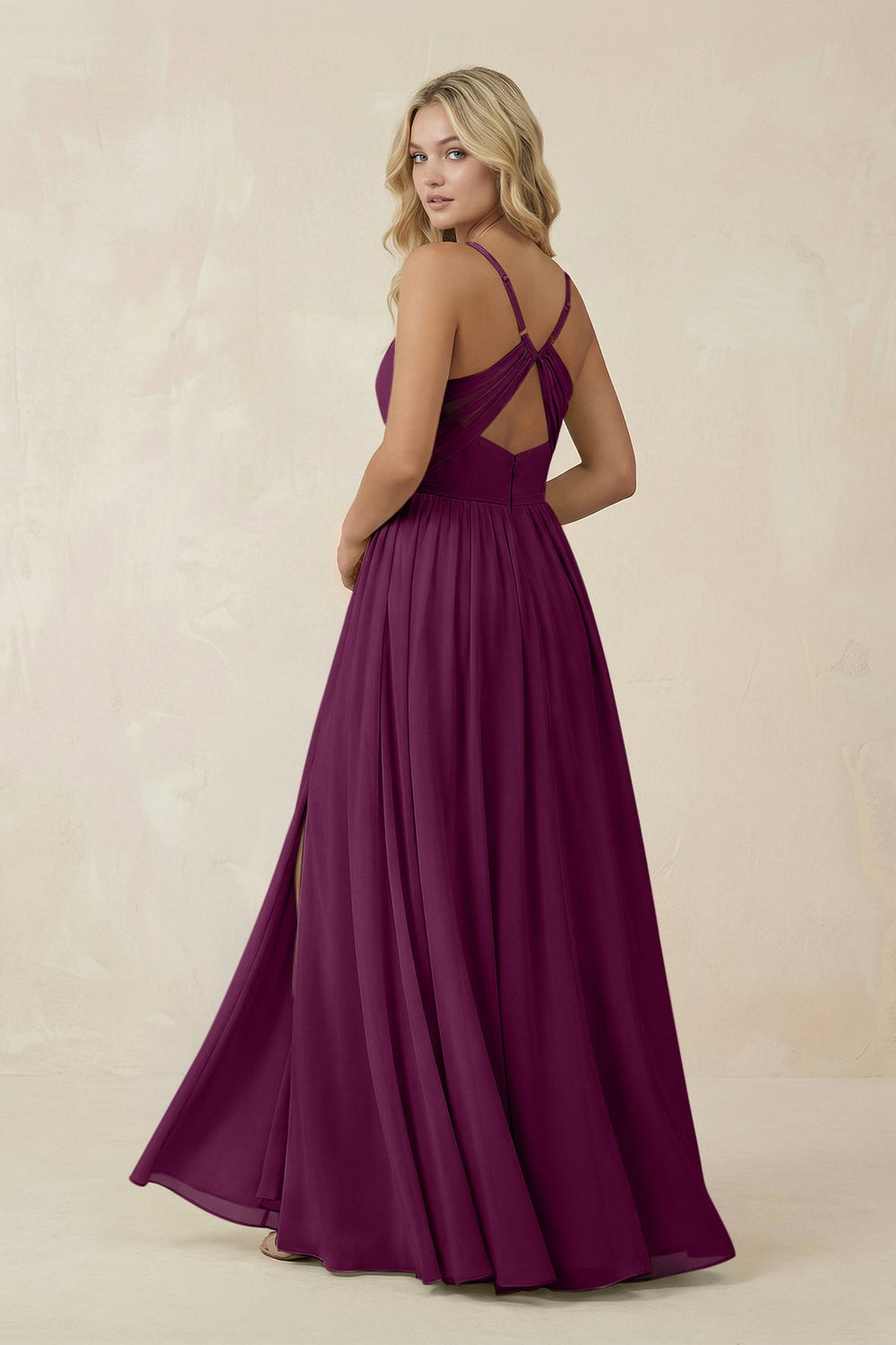 V - Neck Spaghetti Strap A - Line Chiffon Bridesmaid Dress in Fig - SHE IS ME Bridesmaid Dresses