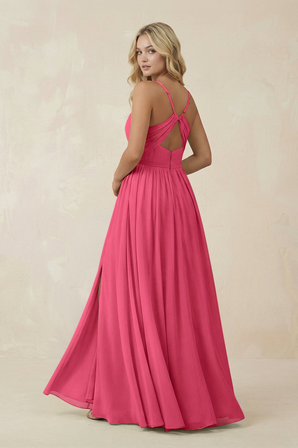 V - Neck Spaghetti Strap A - Line Chiffon Bridesmaid Dress in Fuchsia - SHE IS ME Bridesmaid Dresses