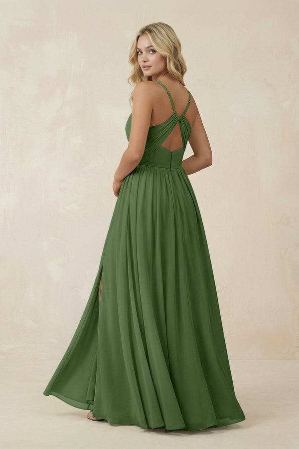 V - Neck Spaghetti Strap A - Line Chiffon Bridesmaid Dress in Moss - SHE IS ME Bridesmaid Dresses