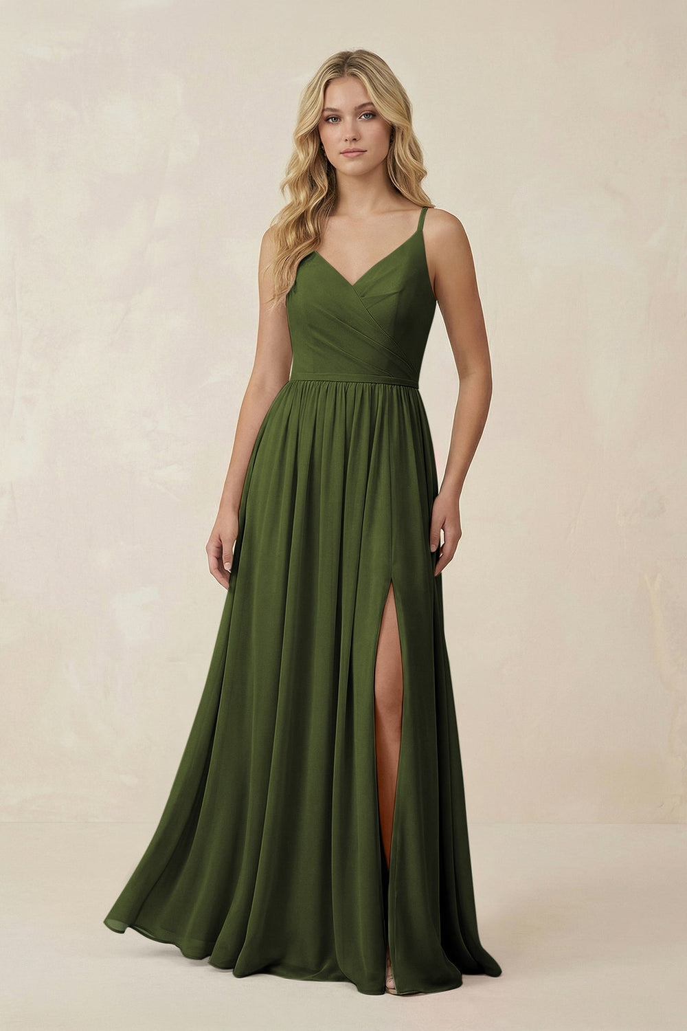 V - Neck Spaghetti Strap A - Line Chiffon Bridesmaid Dress in Olive - SHE IS ME Bridesmaid Dresses