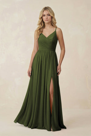 V - Neck Spaghetti Strap A - Line Chiffon Bridesmaid Dress in Olive - SHE IS ME Bridesmaid Dresses