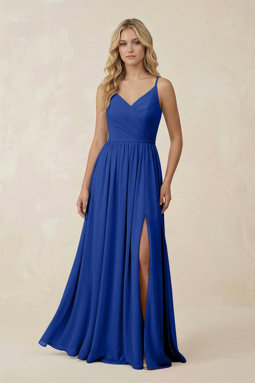 V - Neck Spaghetti Strap A - Line Chiffon Bridesmaid Dress in Royal Blue - SHE IS ME Bridesmaid Dresses